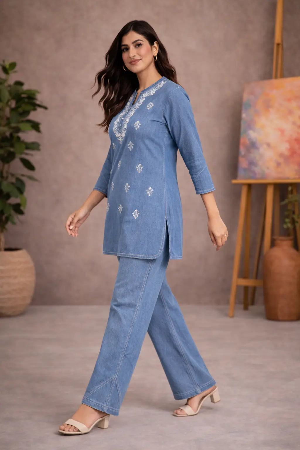 Indigo Grace Cotton Denim Co-ord Set with Embroidered Kurta & Wide-Leg Pants