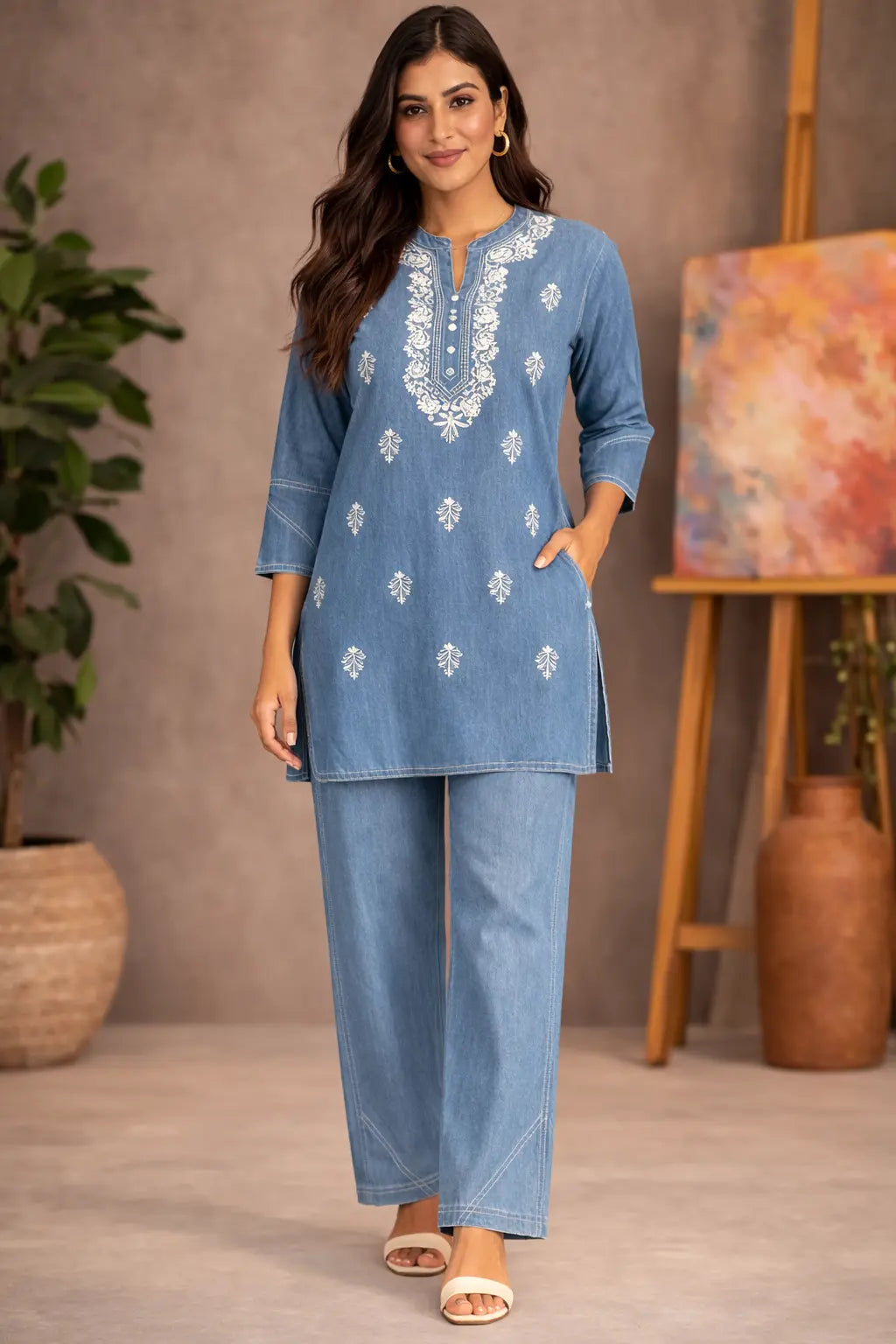 Indigo Grace Cotton Denim Co-ord Set with Embroidered Kurta & Wide-Leg Pants