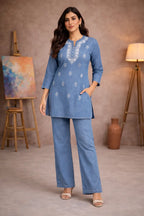 Indigo Grace Cotton Denim Co-ord Set with Embroidered Kurta & Wide-Leg Pants