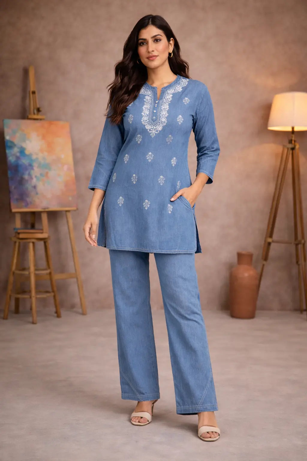 Indigo Grace Cotton Denim Co-ord Set with Embroidered Kurta & Wide-Leg Pants