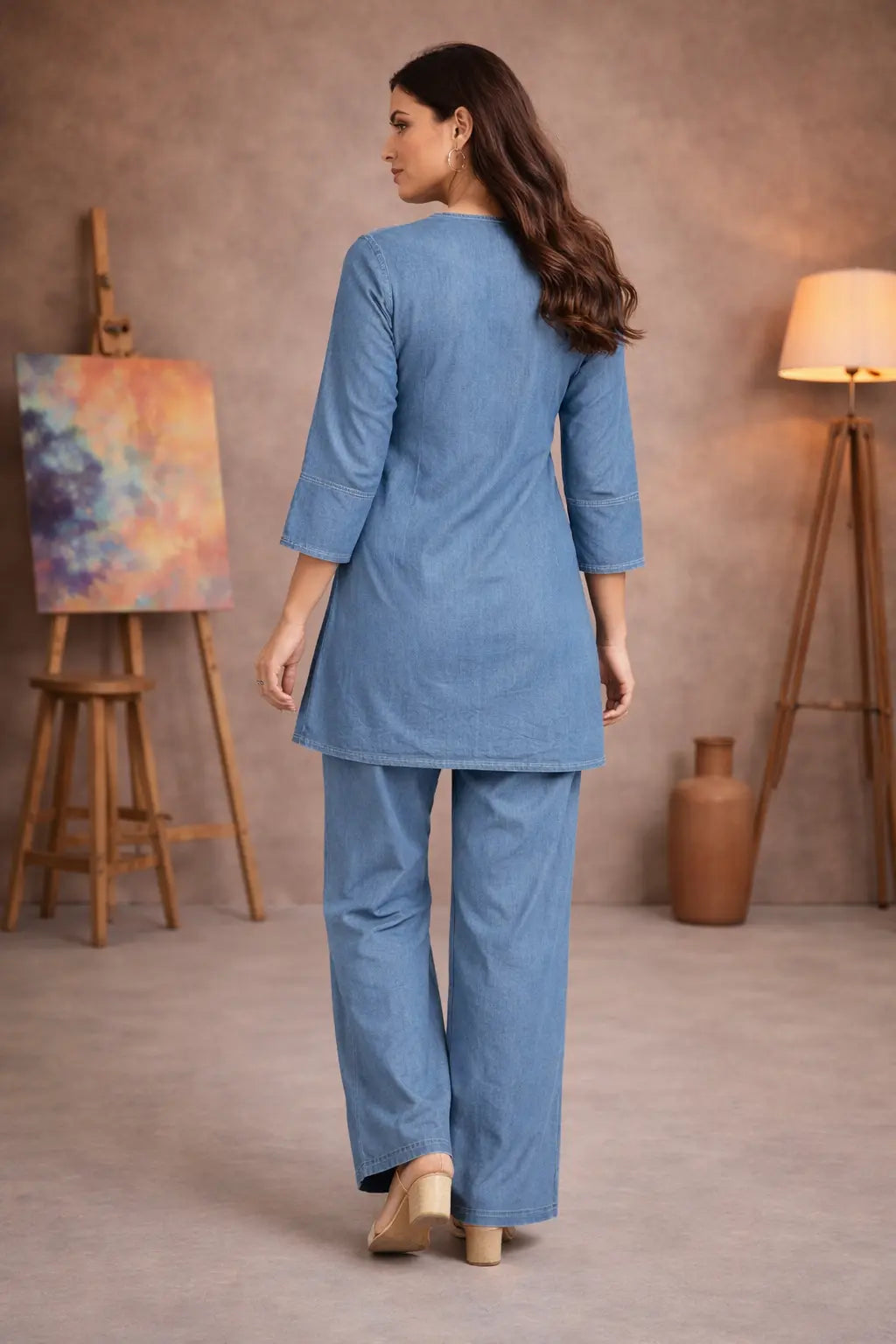 Indigo Grace Cotton Denim Co-ord Set with Embroidered Kurta & Wide-Leg Pants