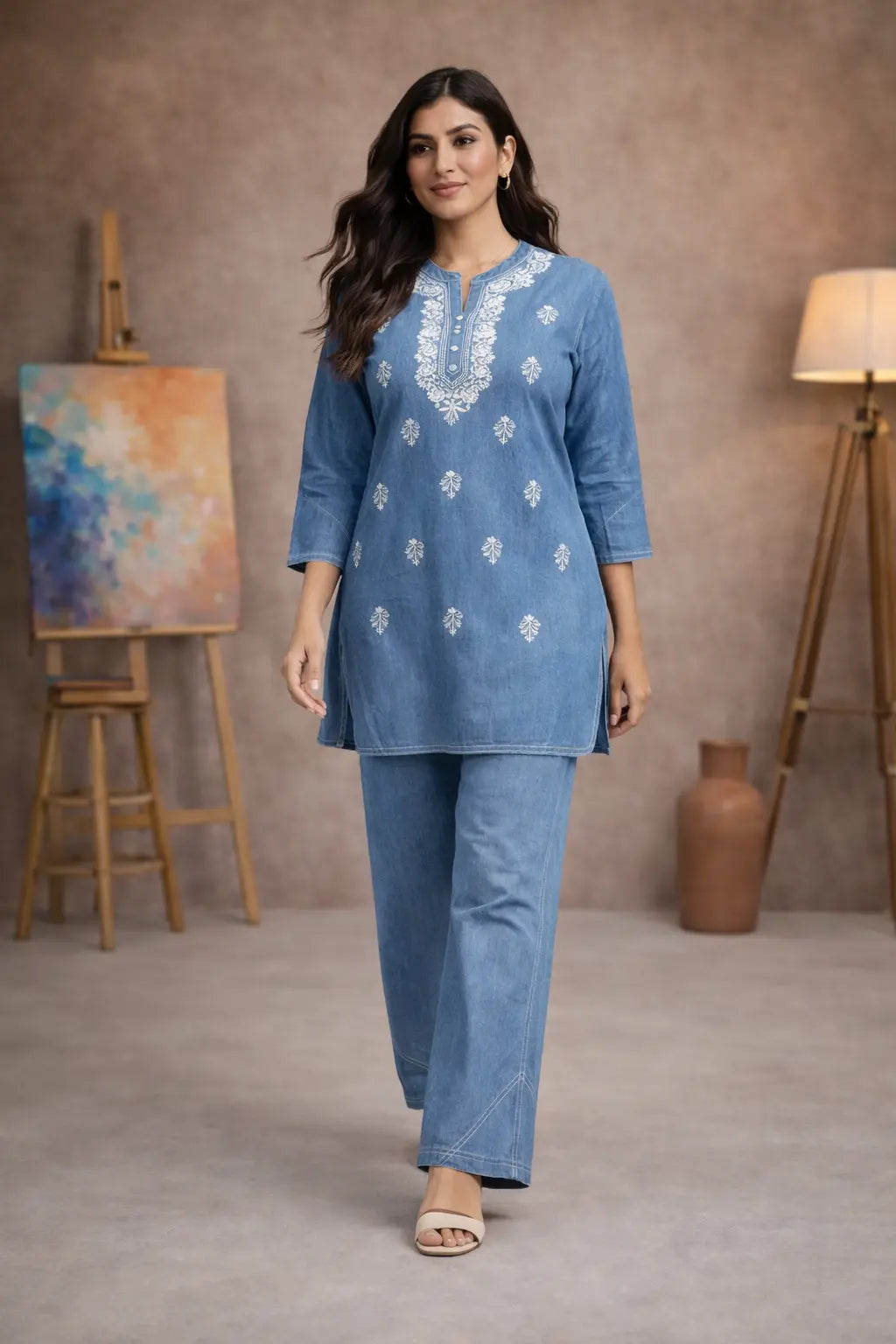 Indigo Grace Cotton Denim Co-ord Set with Embroidered Kurta & Wide-Leg Pants