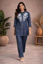 Midnight Bloom Cotton Denim Co-ord Set with Statement Embroidered Shirt Kurta