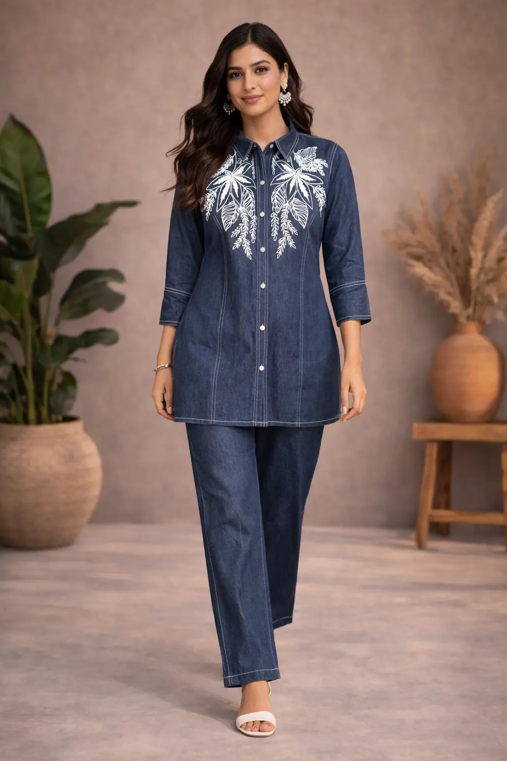 Midnight Bloom Cotton Denim Co-ord Set with Statement Embroidered Shirt Kurta