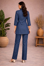 Midnight Bloom Cotton Denim Co-ord Set with Statement Embroidered Shirt Kurta