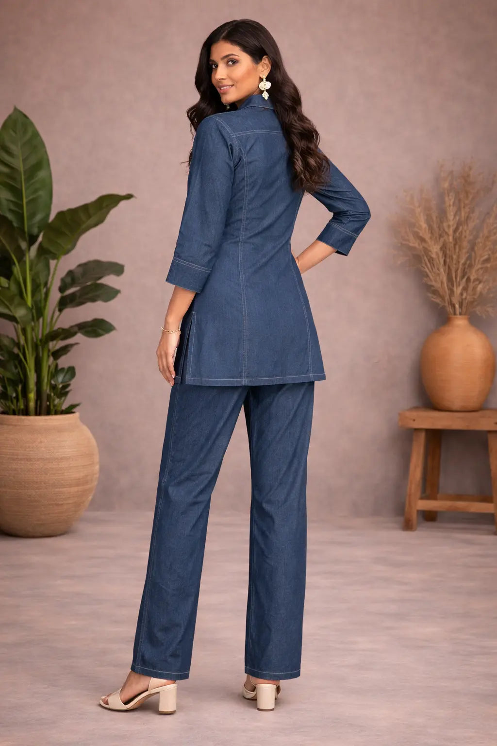 Midnight Bloom Cotton Denim Co-ord Set with Statement Embroidered Shirt Kurta
