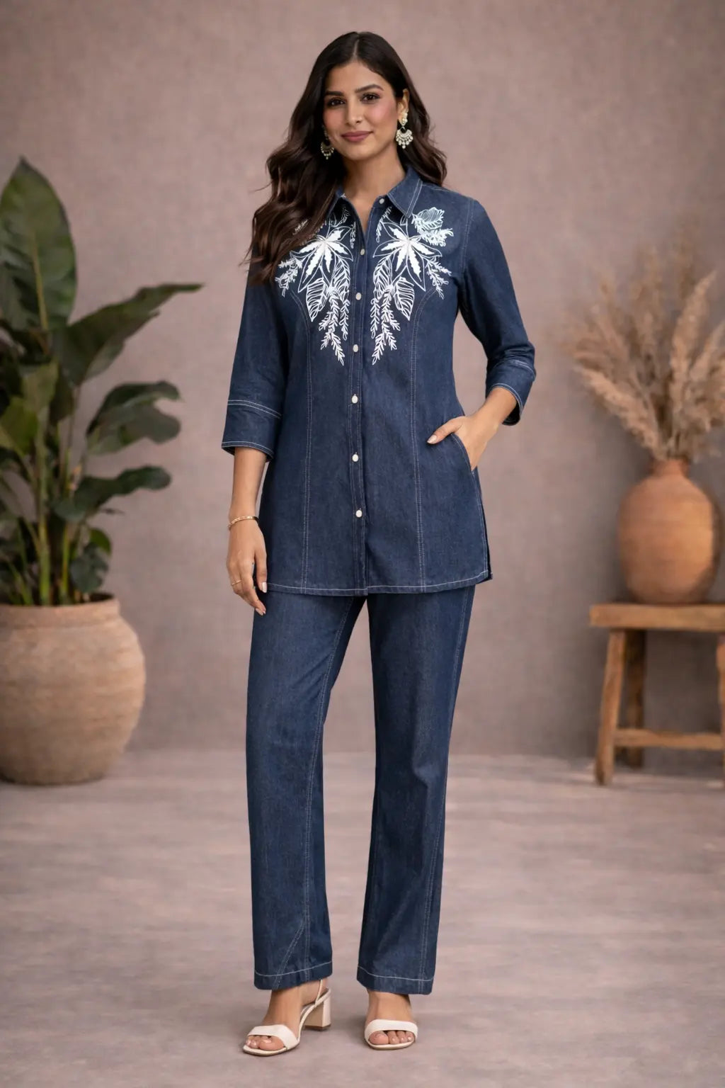 Midnight Bloom Cotton Denim Co-ord Set with Statement Embroidered Shirt Kurta