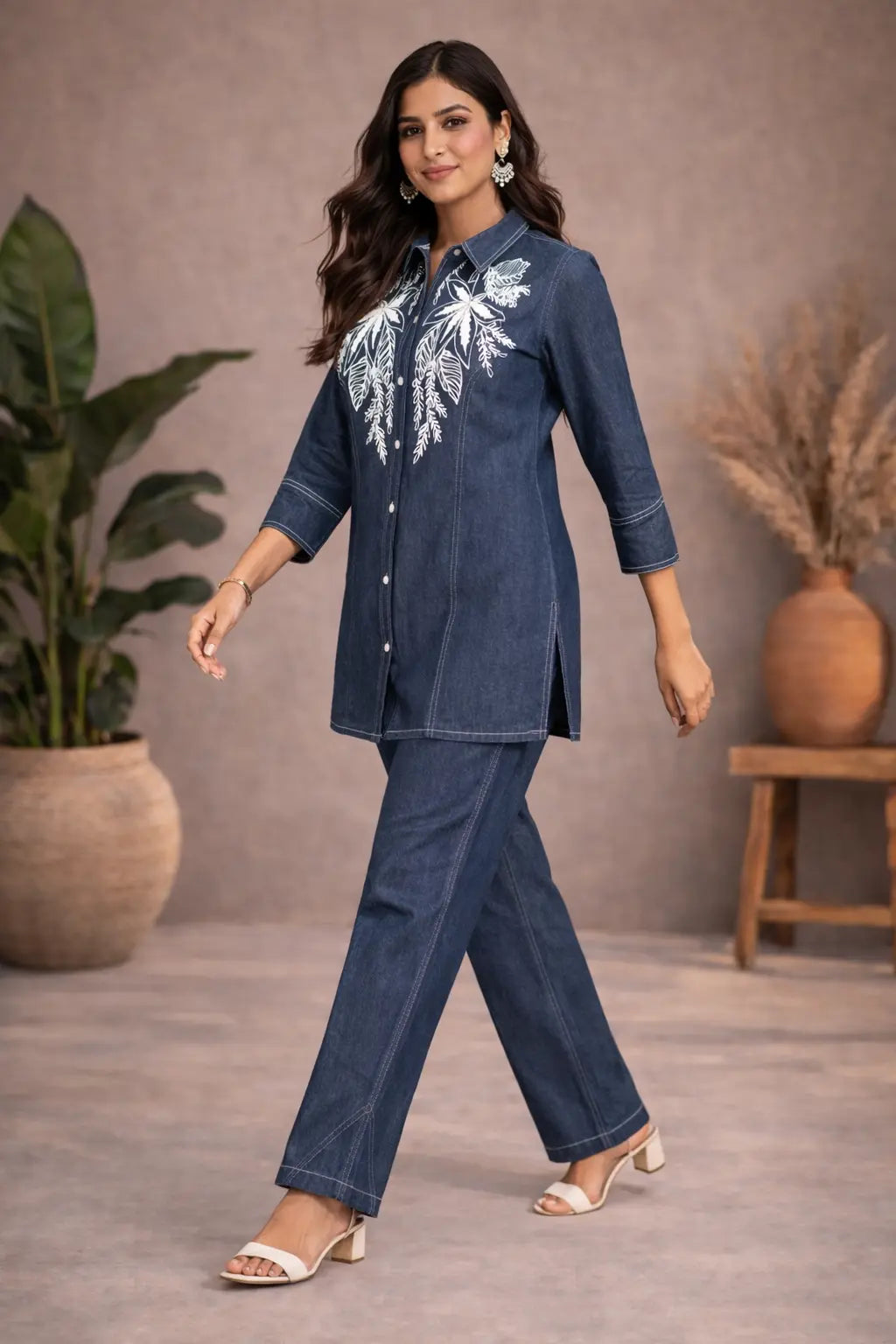 Midnight Bloom Cotton Denim Co-ord Set with Statement Embroidered Shirt Kurta