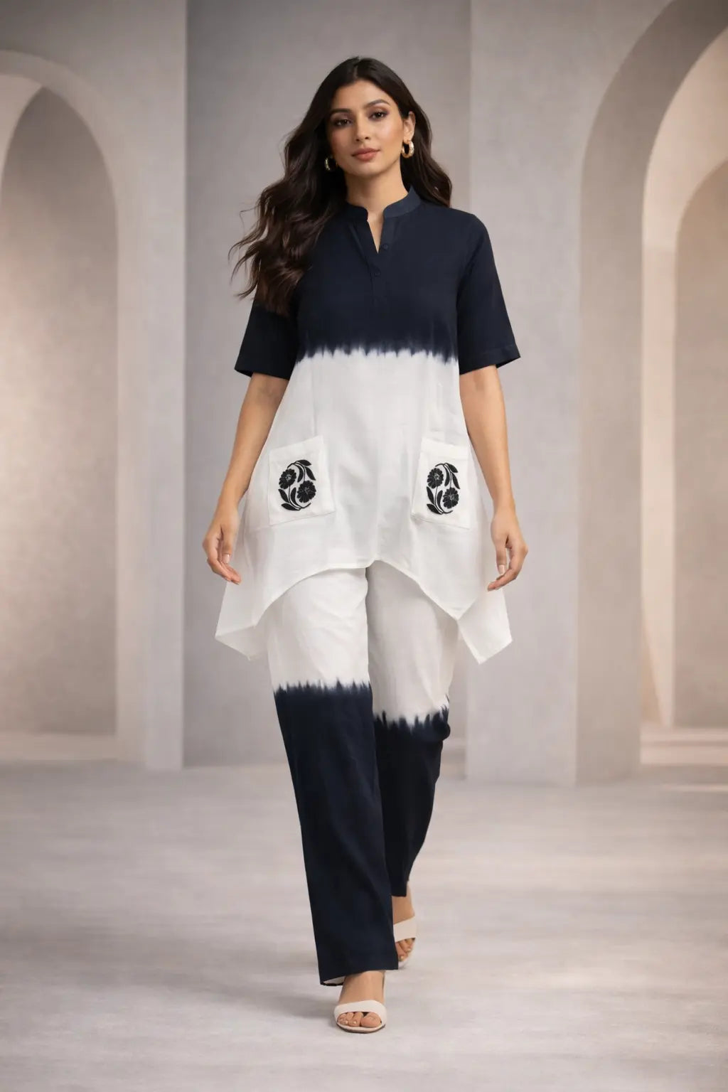 Elegant Indigo Ombre Cotton Linen Co-Ord Set with Designer Pockets
