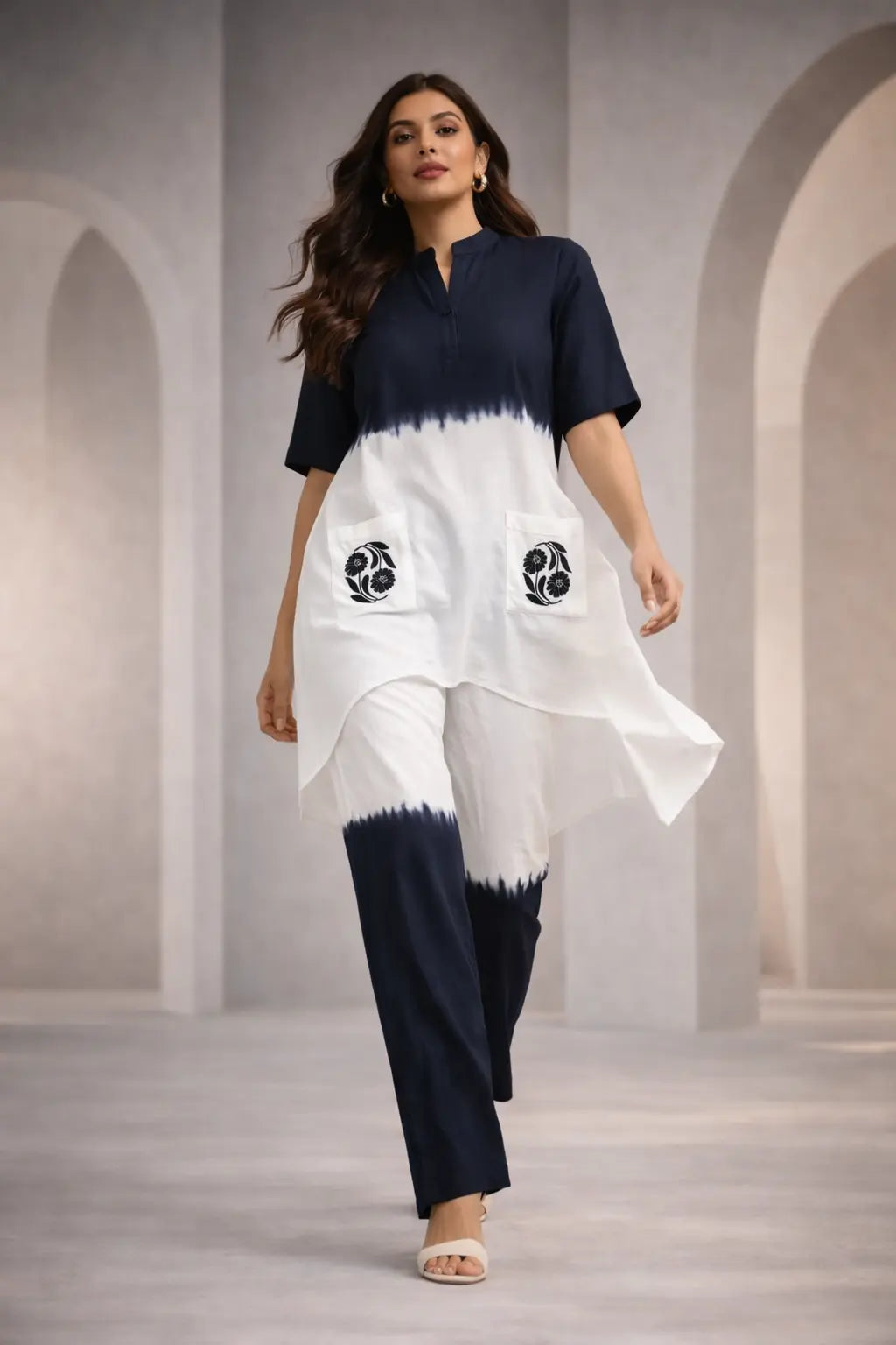 Elegant Indigo Ombre Cotton Linen Co-Ord Set with Designer Pockets