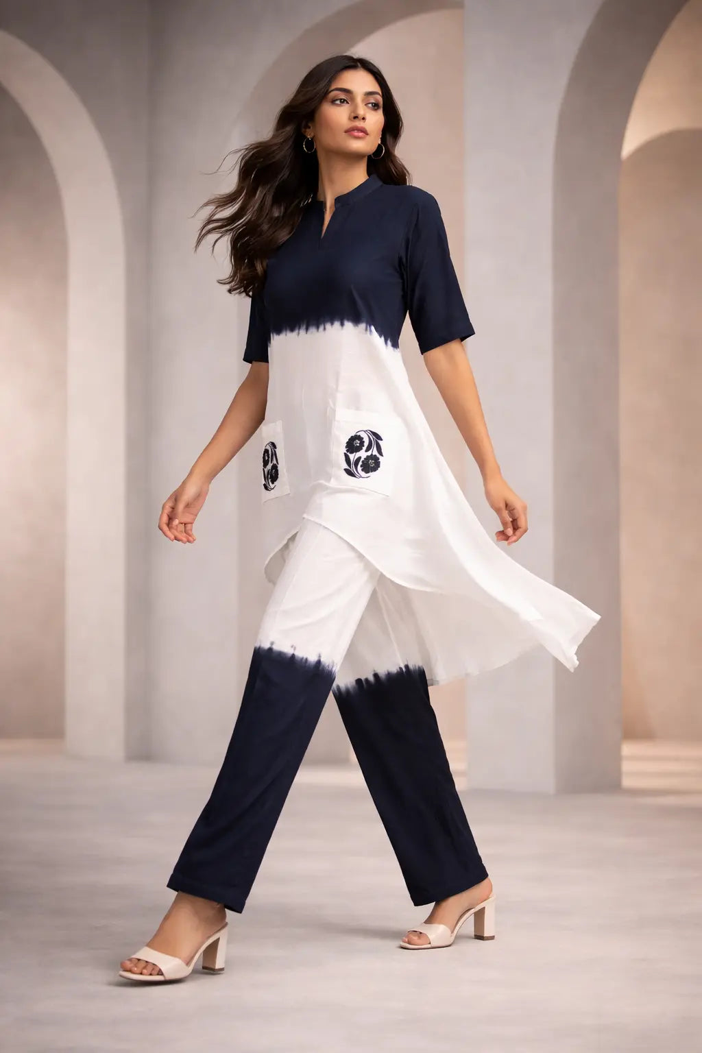Elegant Indigo Ombre Cotton Linen Co-Ord Set with Designer Pockets