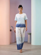 Elegant Tri-Color Ombre Cotton Linen Co-Ord Set with Floral Embroidery