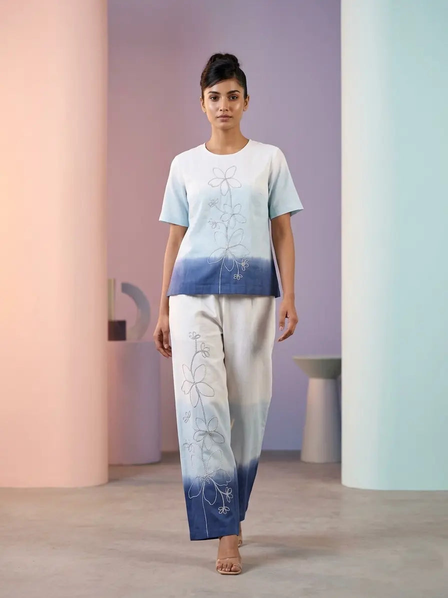 Elegant Tri-Color Ombre Cotton Linen Co-Ord Set with Floral Embroidery