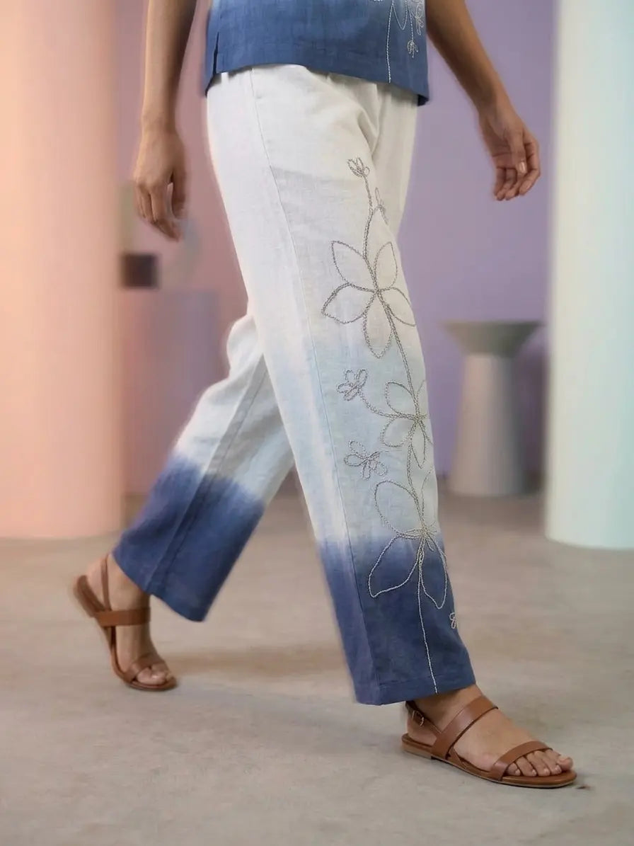 Elegant Tri-Color Ombre Cotton Linen Co-Ord Set with Floral Embroidery