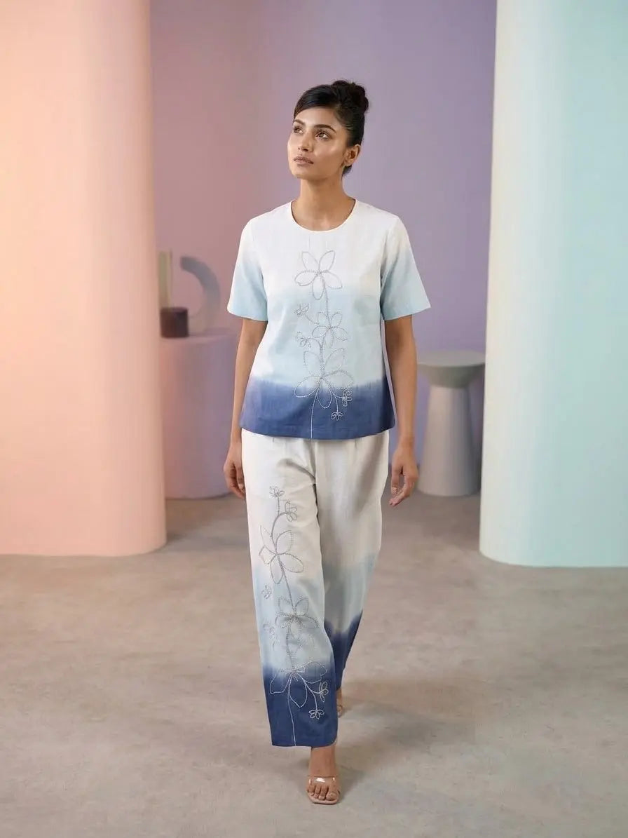 Elegant Tri-Color Ombre Cotton Linen Co-Ord Set with Floral Embroidery
