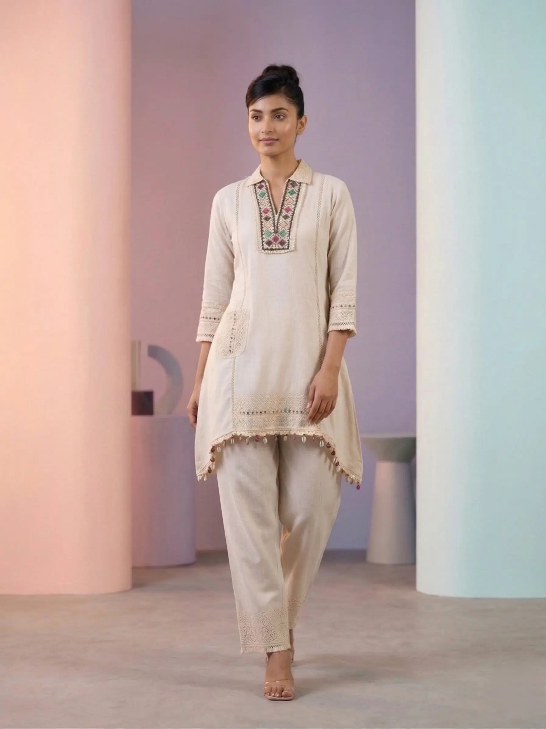 Ivory Linen Cotton Embroidered Kurta Set