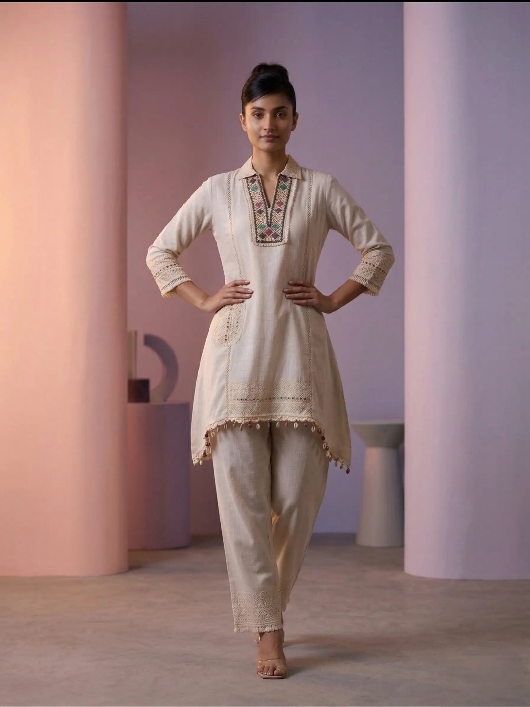 Ivory Linen Cotton Embroidered Kurta Set