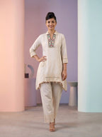 Ivory Linen Cotton Embroidered Kurta Set