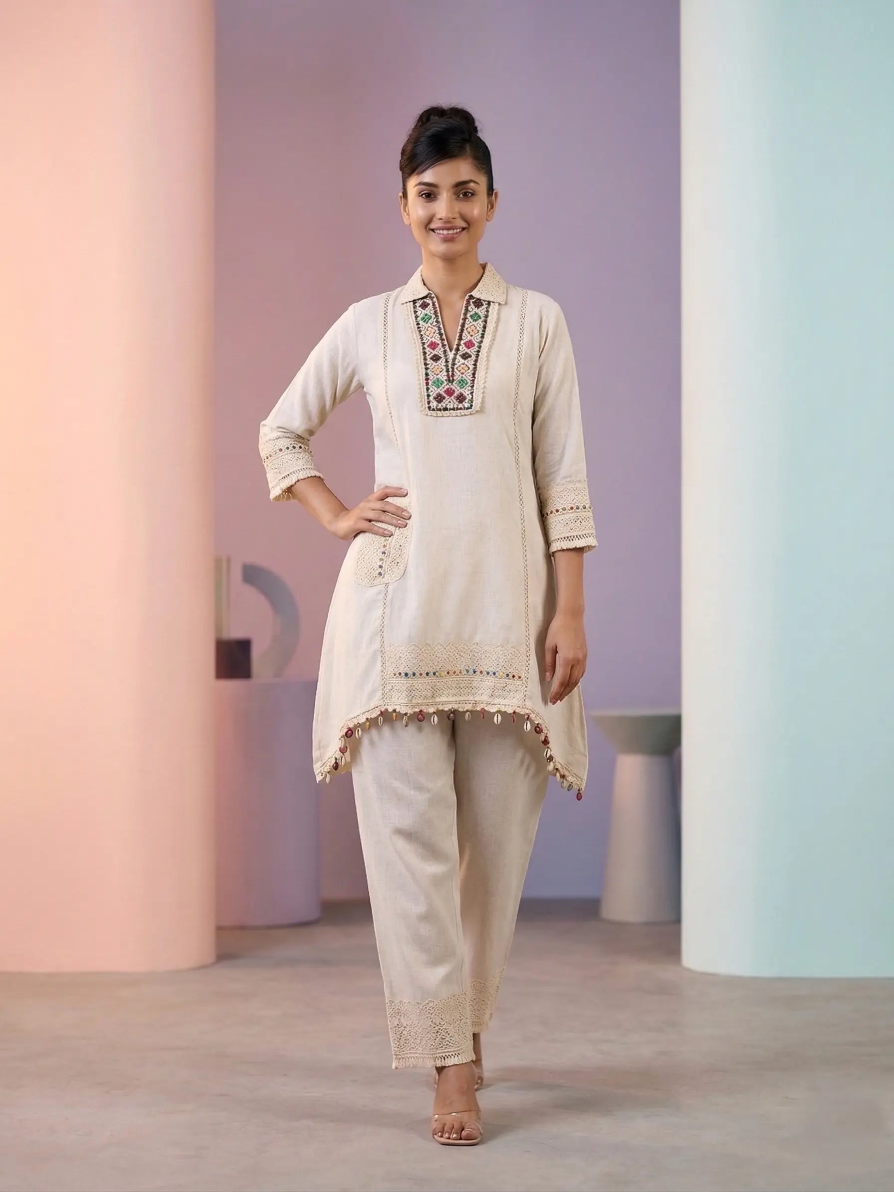 Ivory Linen Cotton Embroidered Kurta Set