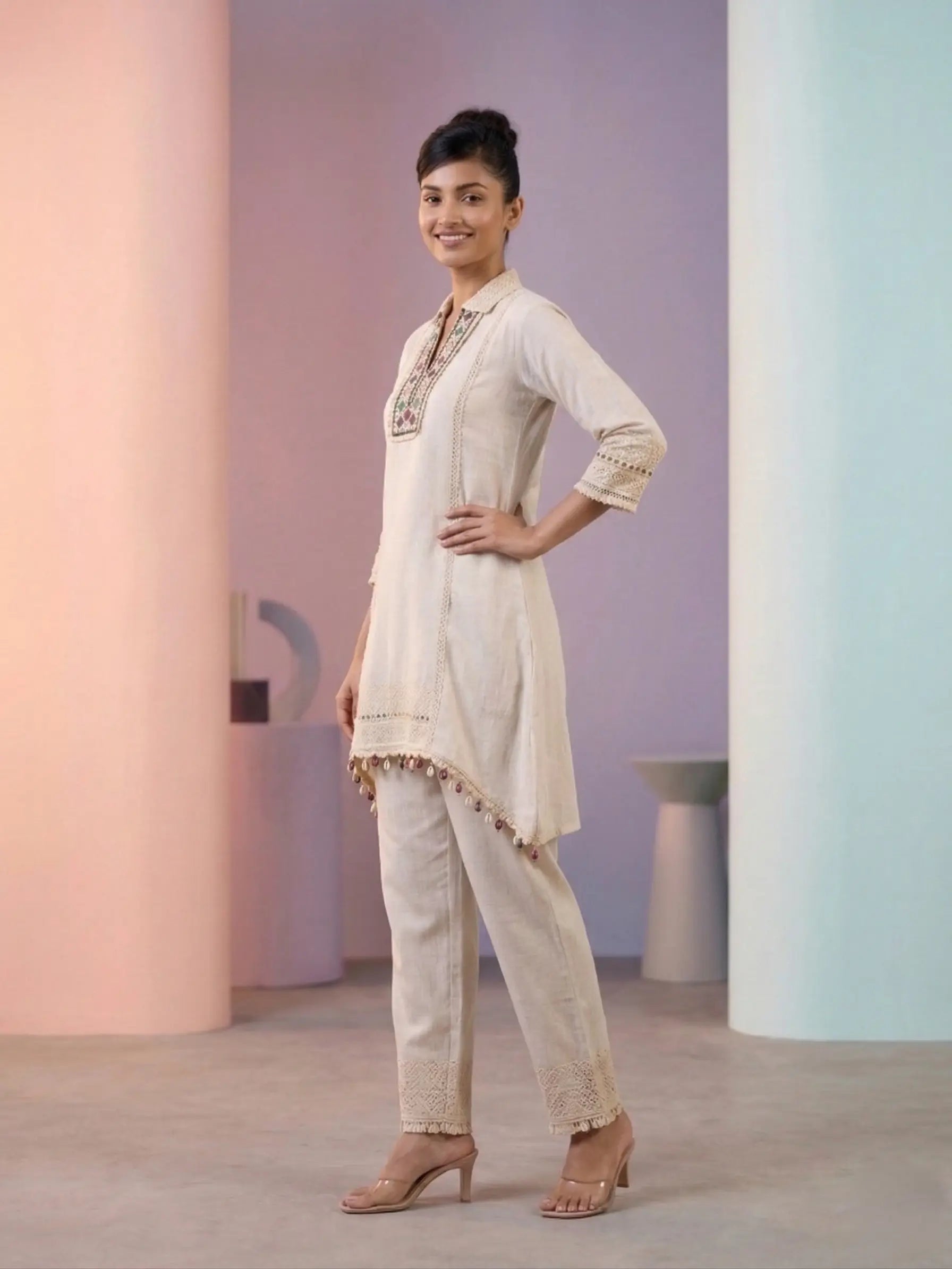Ivory Linen Cotton Embroidered Kurta Set