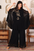Black embellished cape co-ord set for women with floral handwork