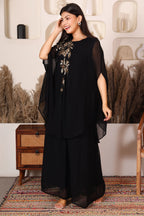 Black embellished cape co-ord set for women with floral handwork