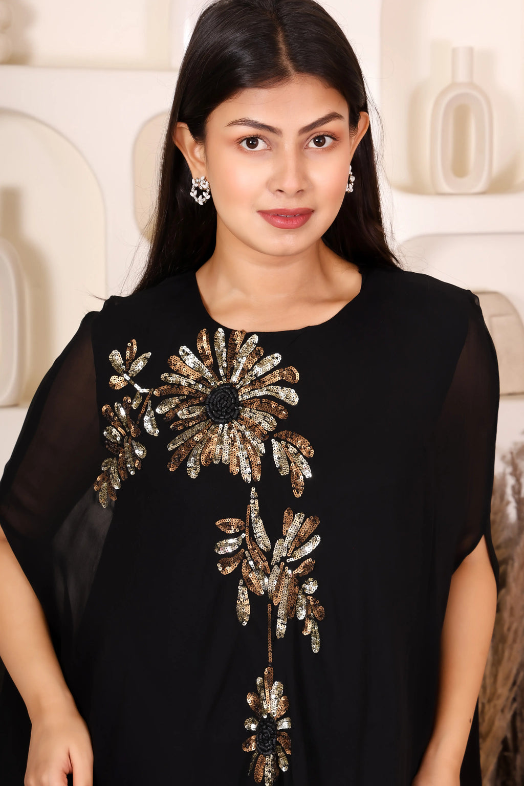 Black embellished cape co-ord set for women with floral handwork