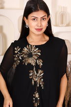 Black embellished cape co-ord set for women with floral handwork