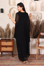 Black embellished cape co-ord set for women with floral handwork