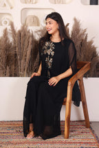 Black embellished cape co-ord set for women with floral handwork