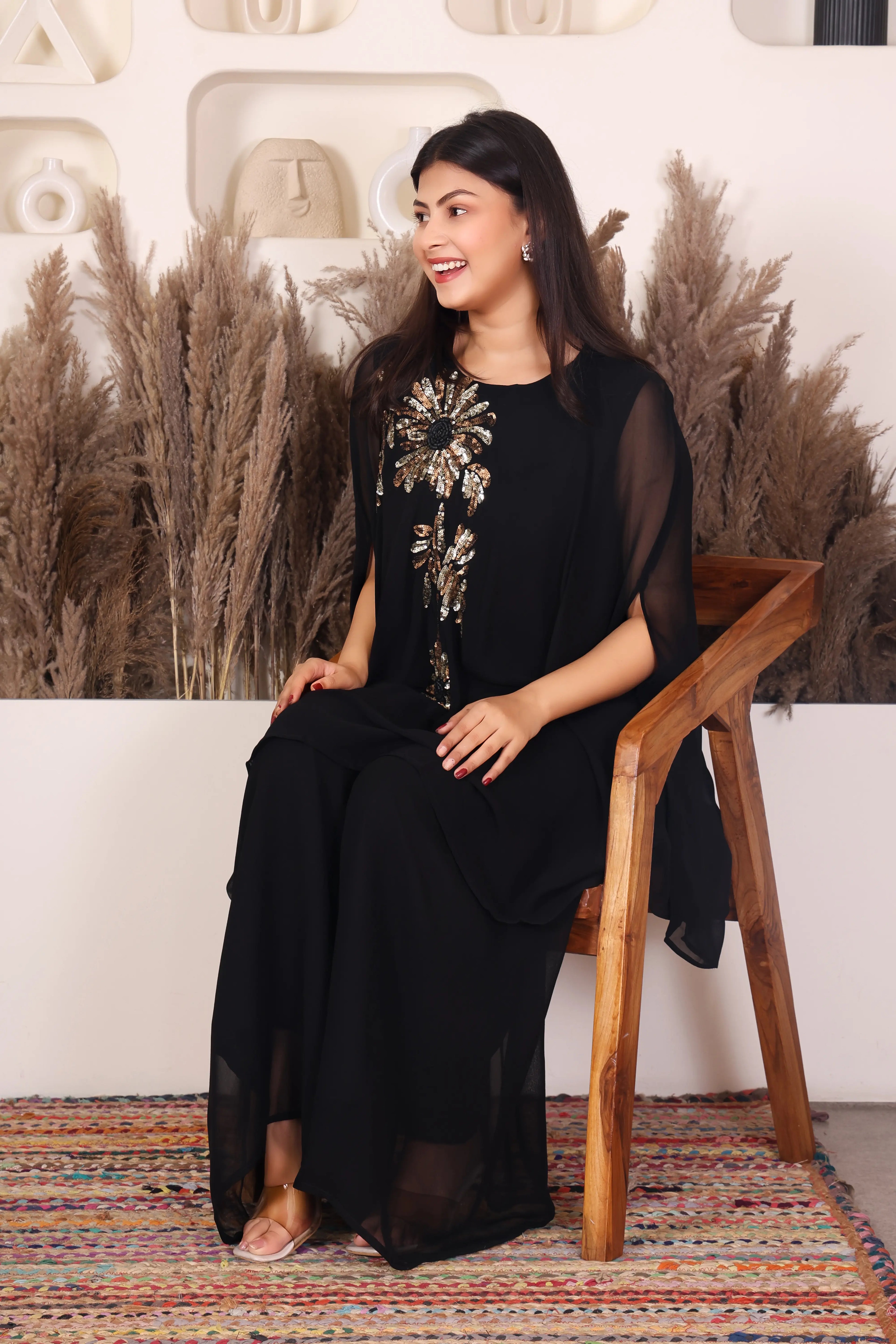 Black embellished cape co-ord set for women with floral handwork