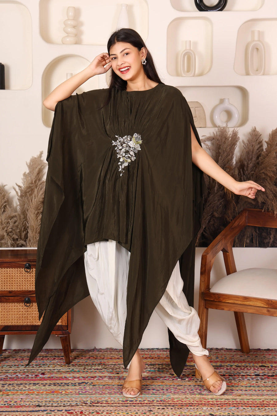 Olive Grace Asymmetric Kaftan & Dhoti Set