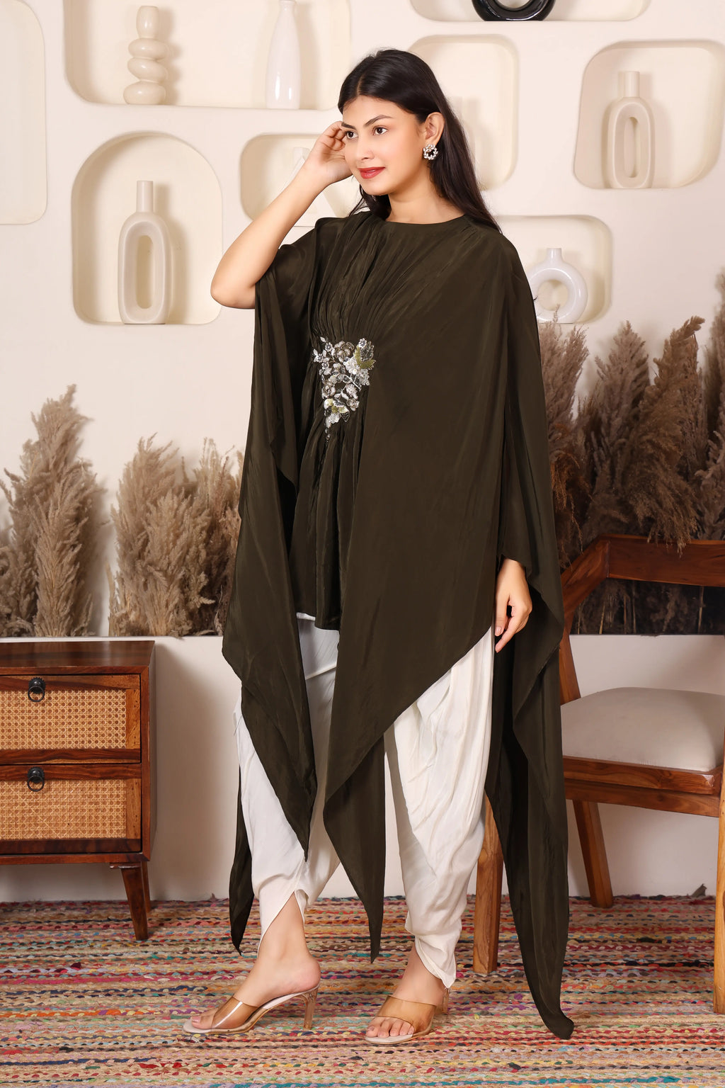Olive green embellished kaftan top with white dhoti