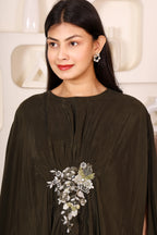 Olive green embellished kaftan top with white dhoti