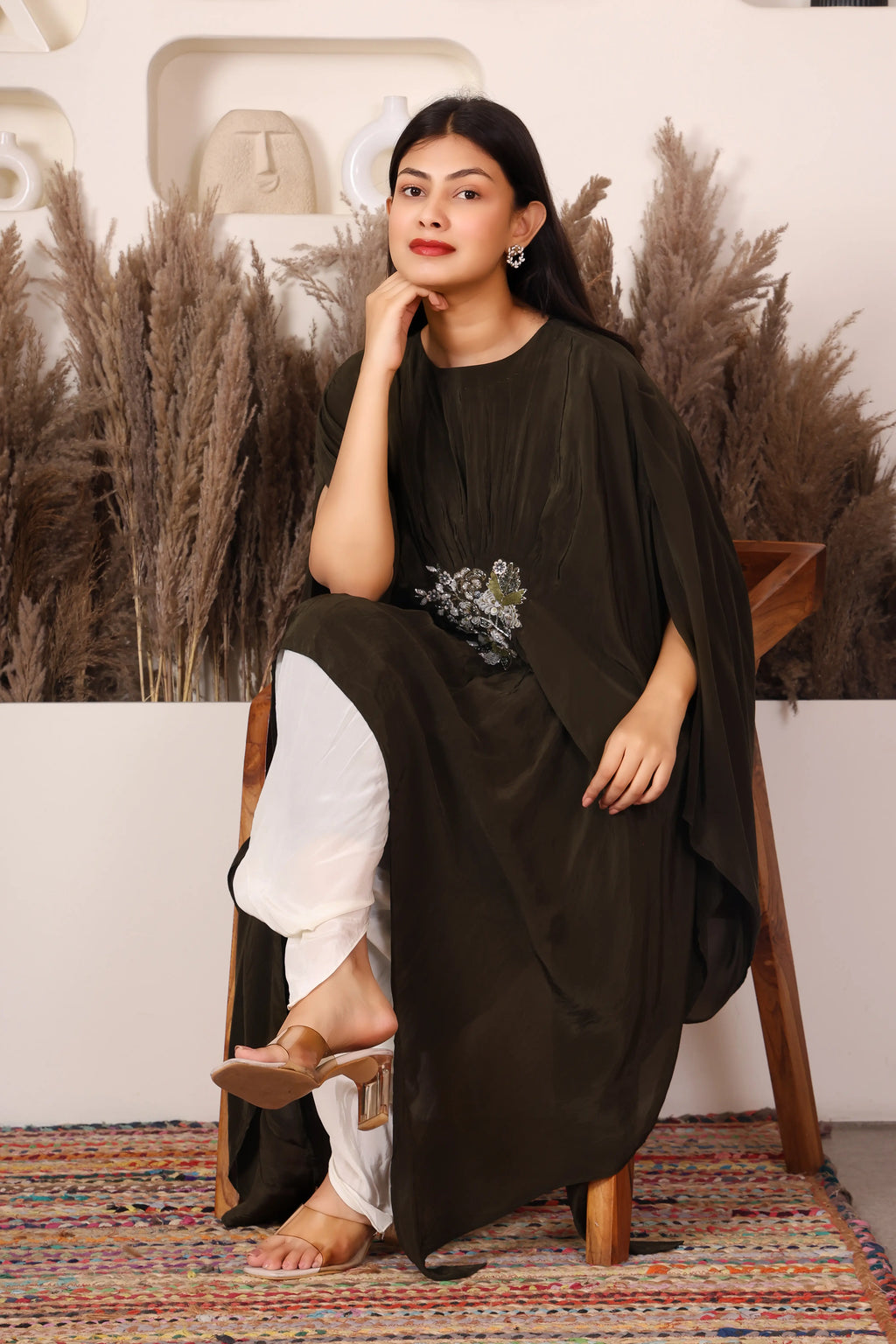 Olive green embellished kaftan top with white dhoti