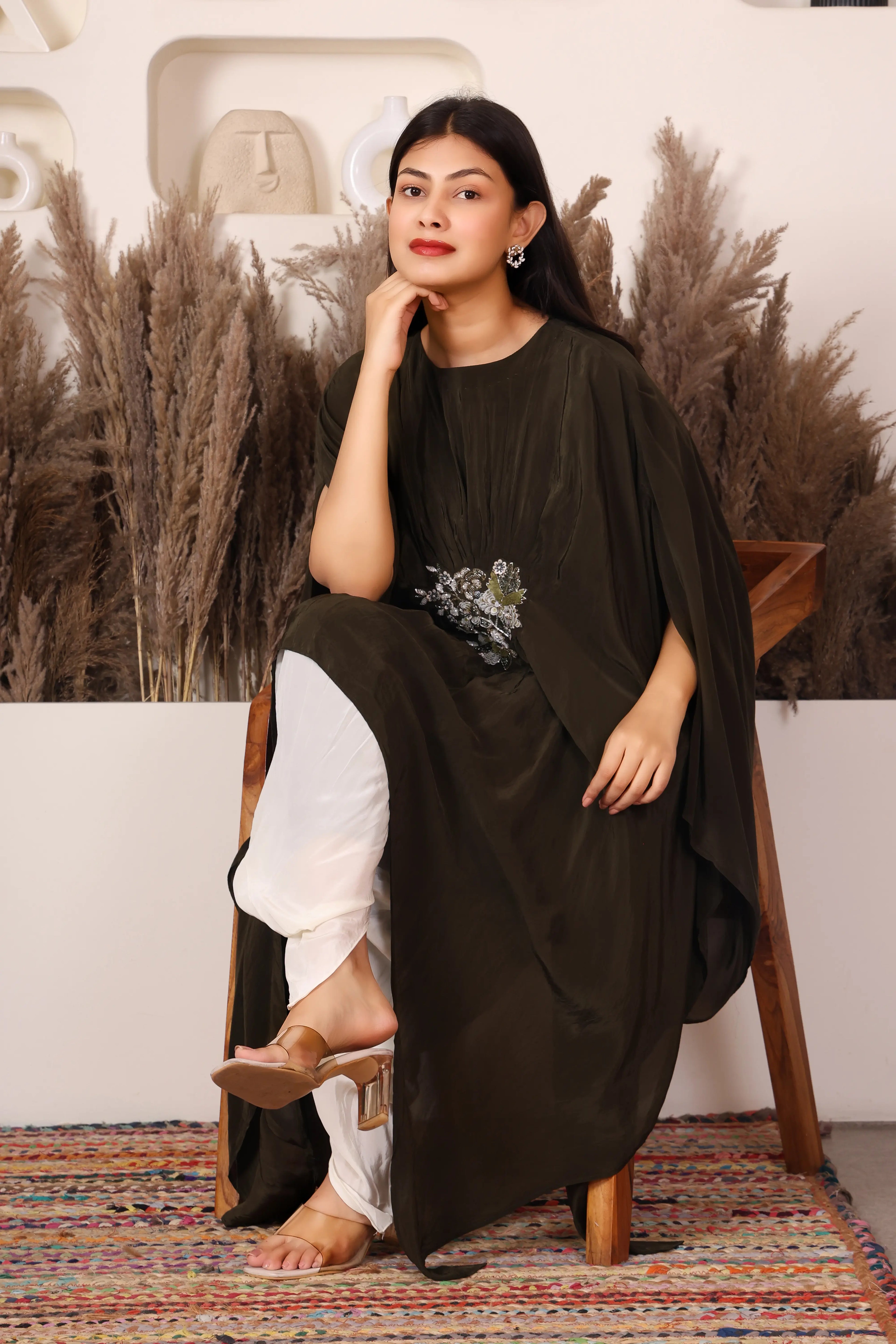 Olive green embellished kaftan top with white dhoti