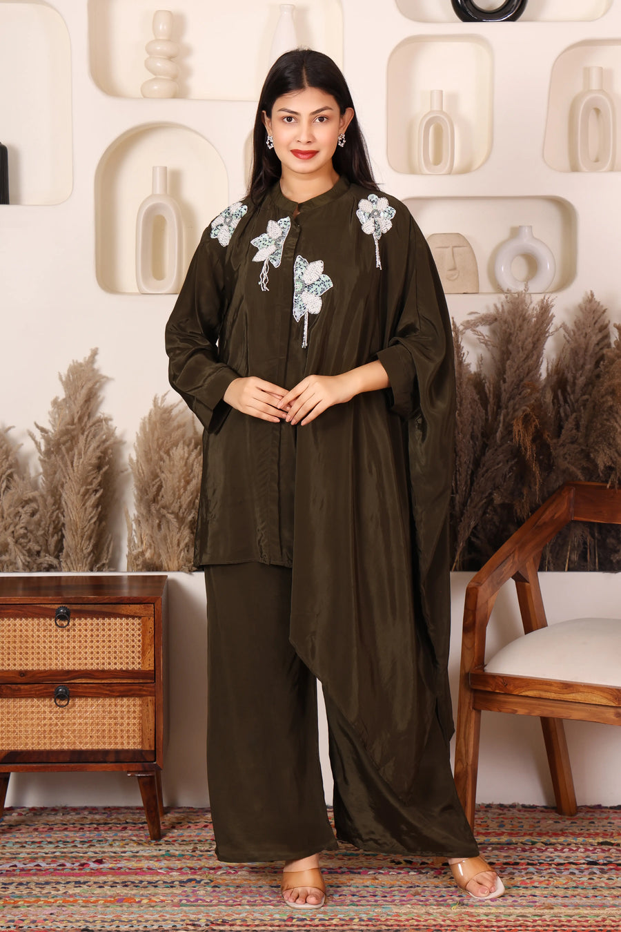 Asymmetrical Appliqué Crepe Kaftan Co-ord Set