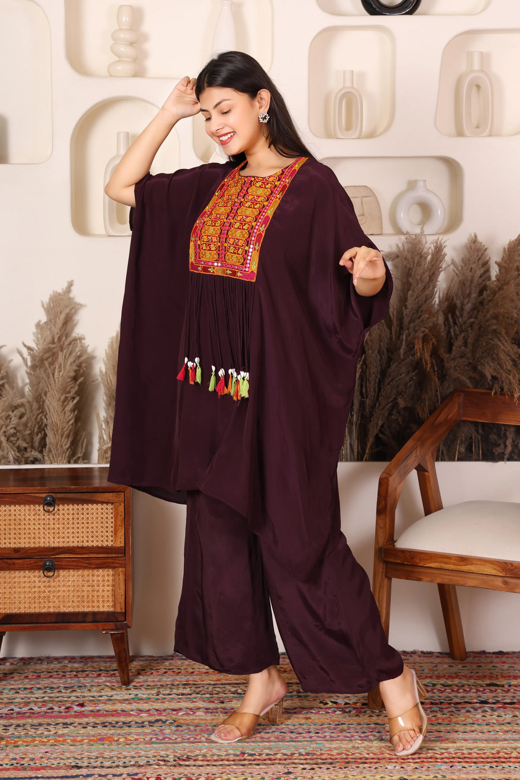 Wine color embroidered kaftan co-ord set for women with tassel detailing