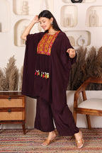 Wine color embroidered kaftan co-ord set for women with tassel detailing