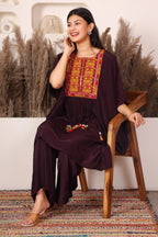 Wine color embroidered kaftan co-ord set for women with tassel detailing