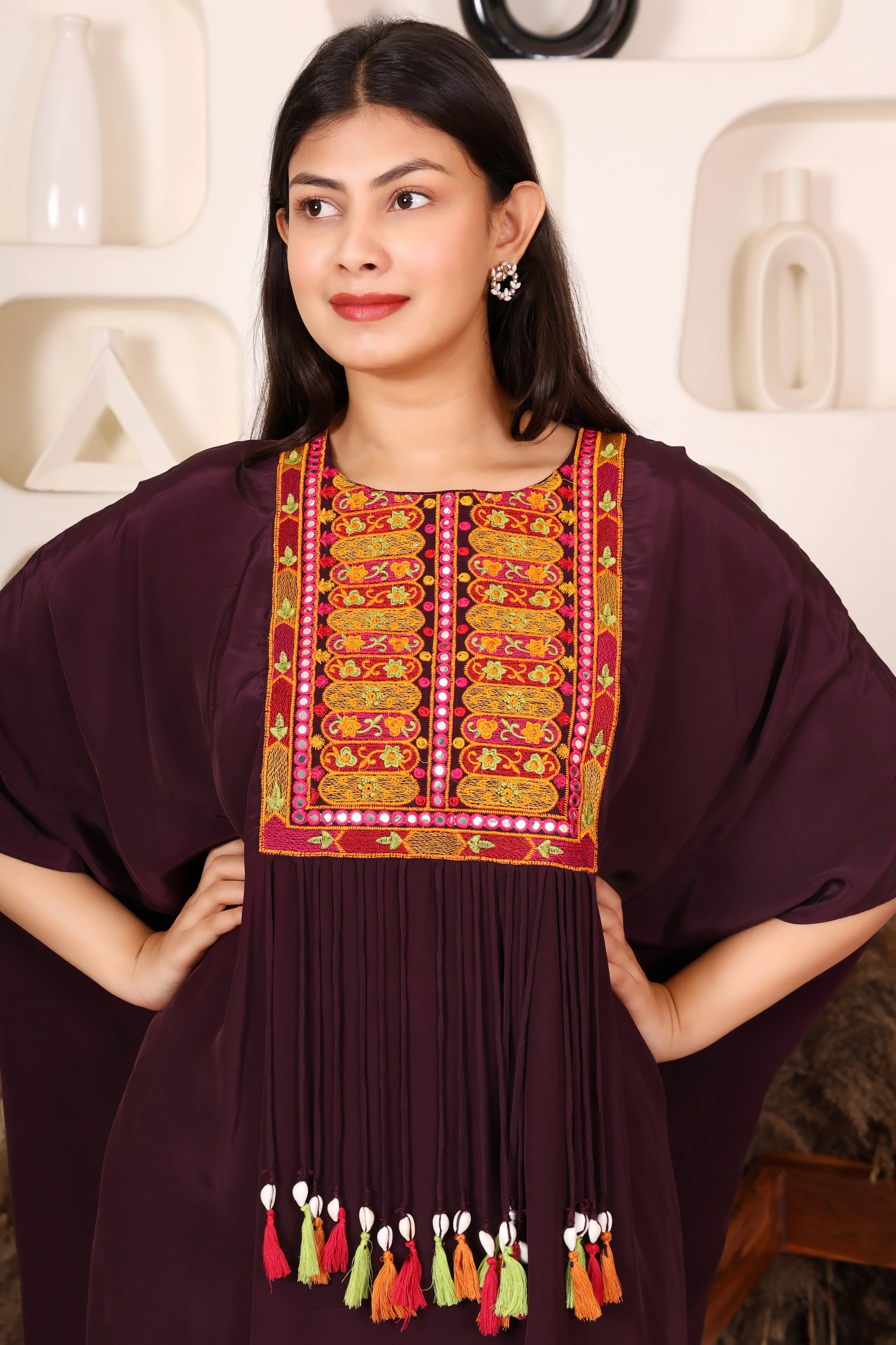 Wine color embroidered kaftan co-ord set for women with tassel detailing