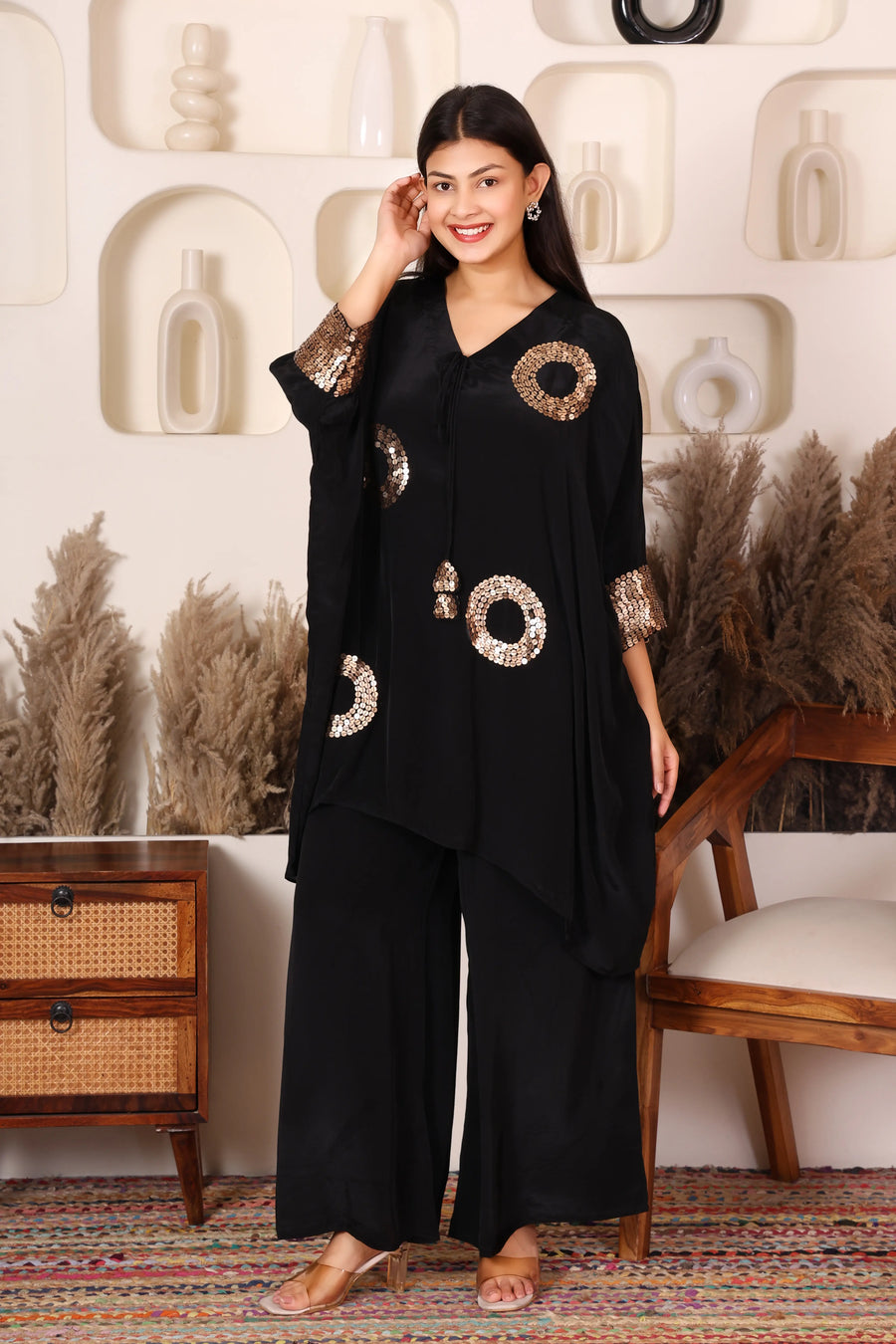 Black Regal Sequin Crepe Kaftan Co-ord Set