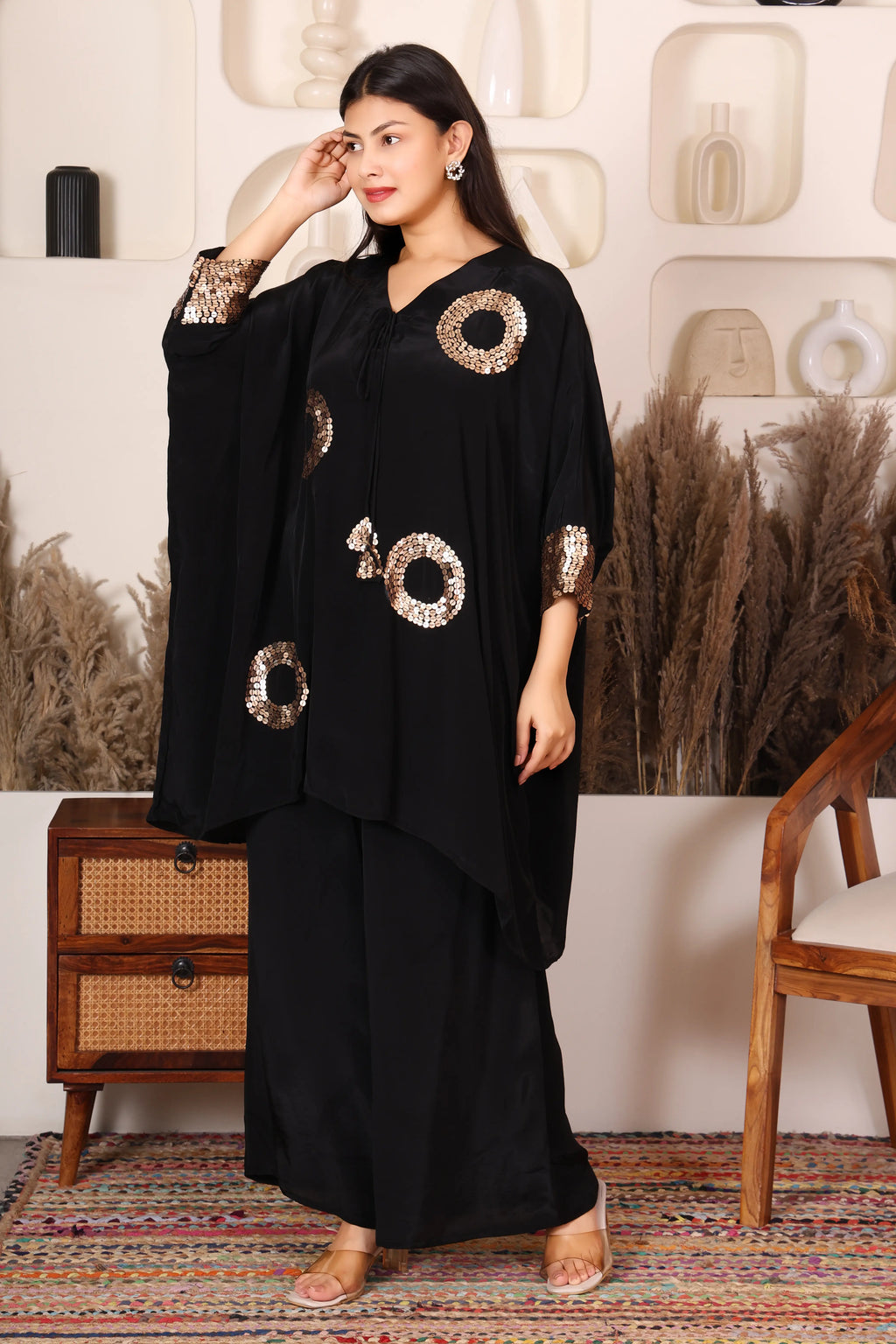 Black embellished kaftan co-ord set for women with gold sequin detailing