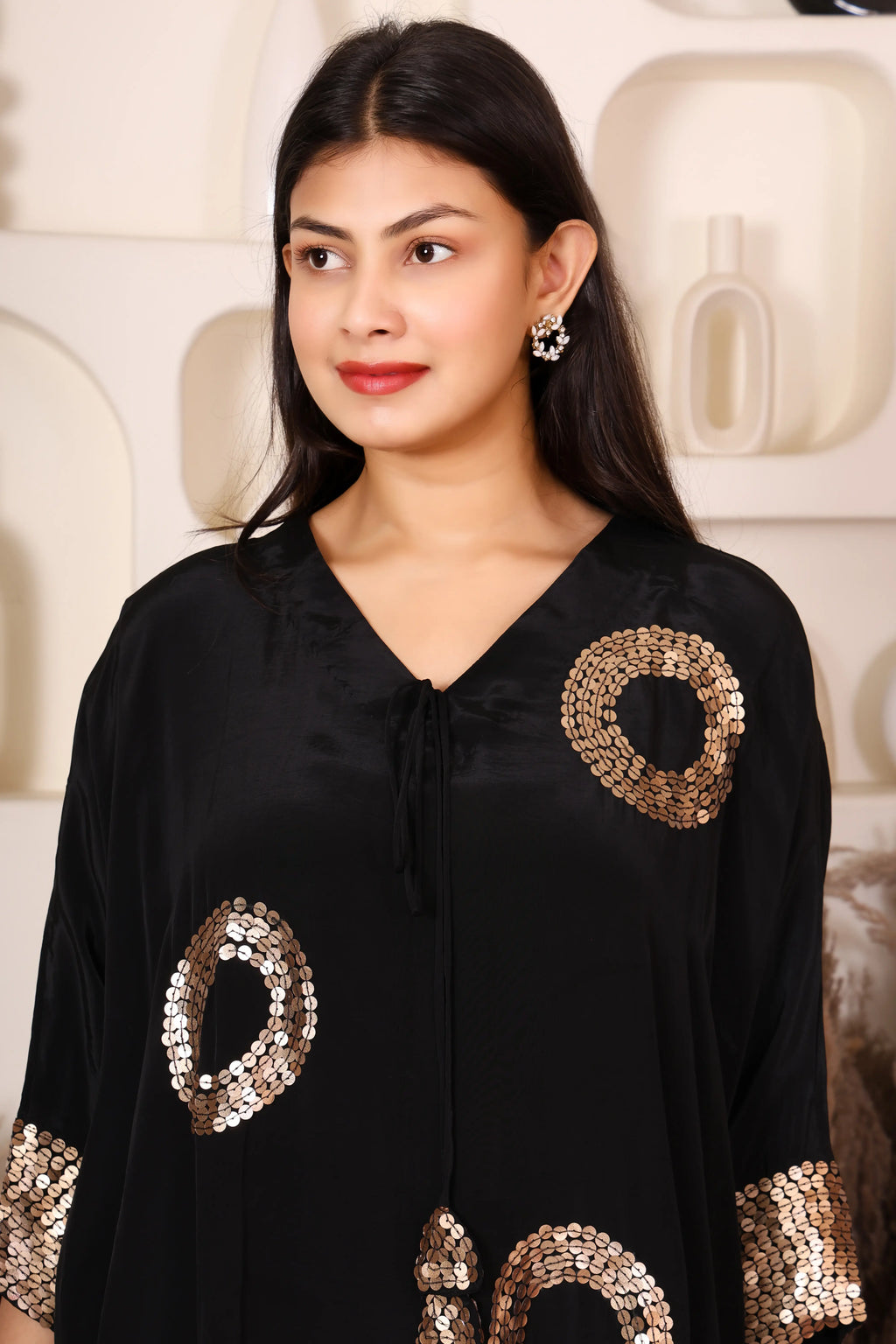 Black embellished kaftan co-ord set for women with gold sequin detailing
