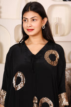 Black embellished kaftan co-ord set for women with gold sequin detailing