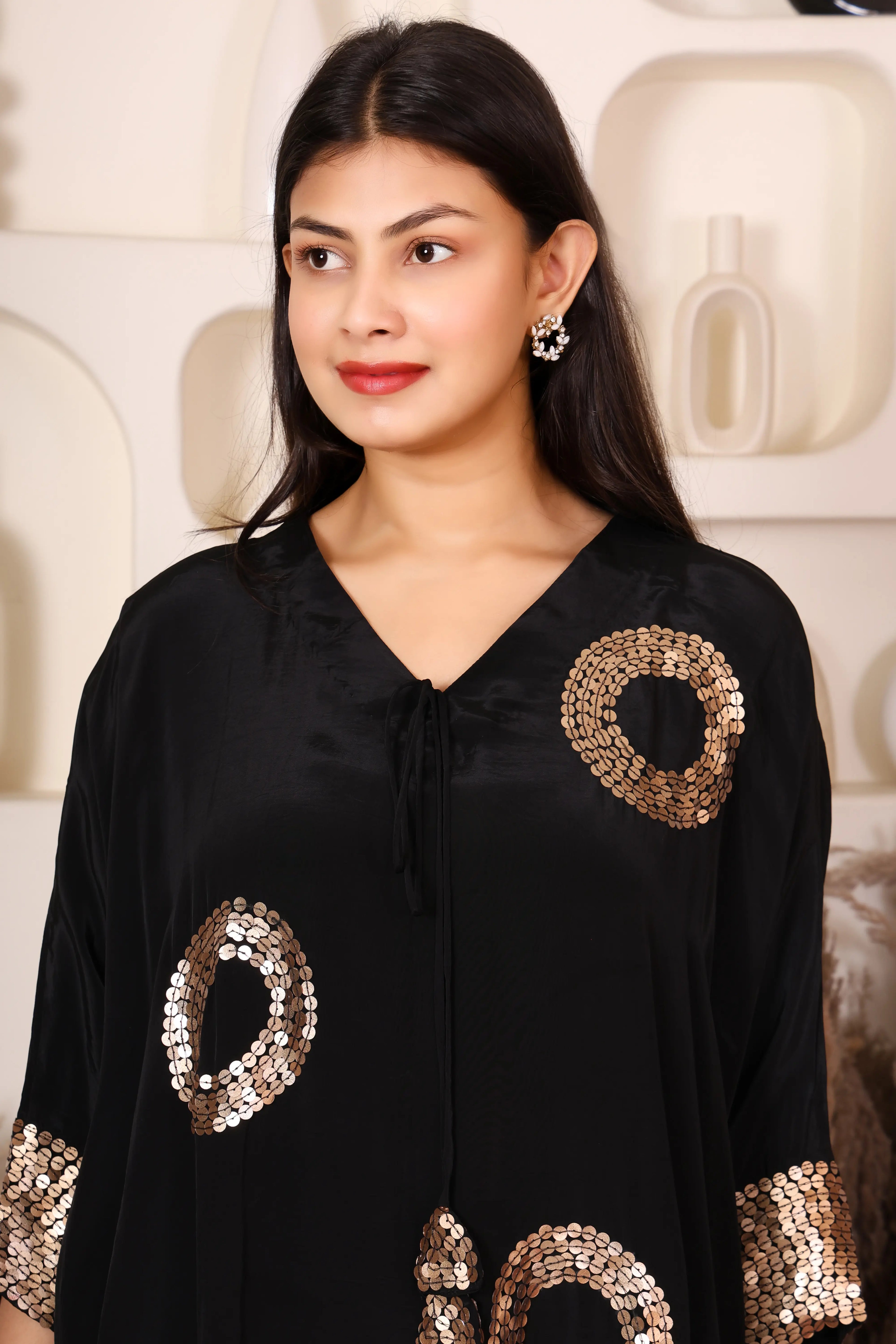Black embellished kaftan co-ord set for women with gold sequin detailing
