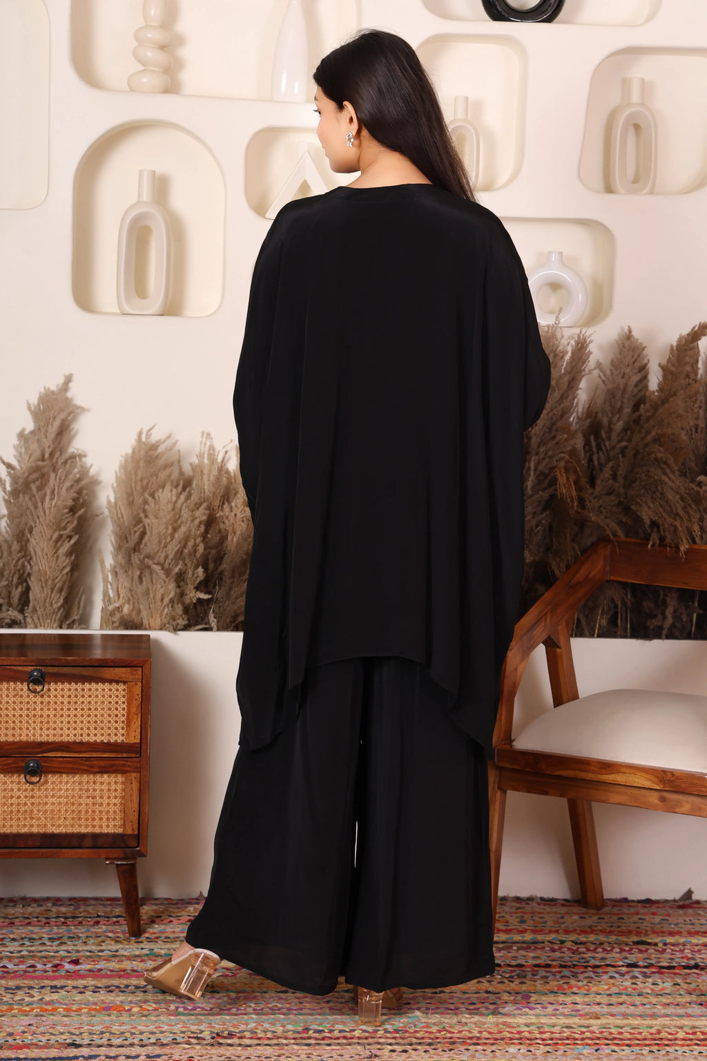 Black embellished kaftan co-ord set for women with gold sequin detailing