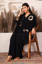 Black embellished kaftan co-ord set for women with gold sequin detailing