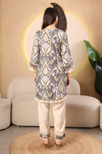 Grey printed kurta co-ord set for women with embroidered neckline and tassel detailing