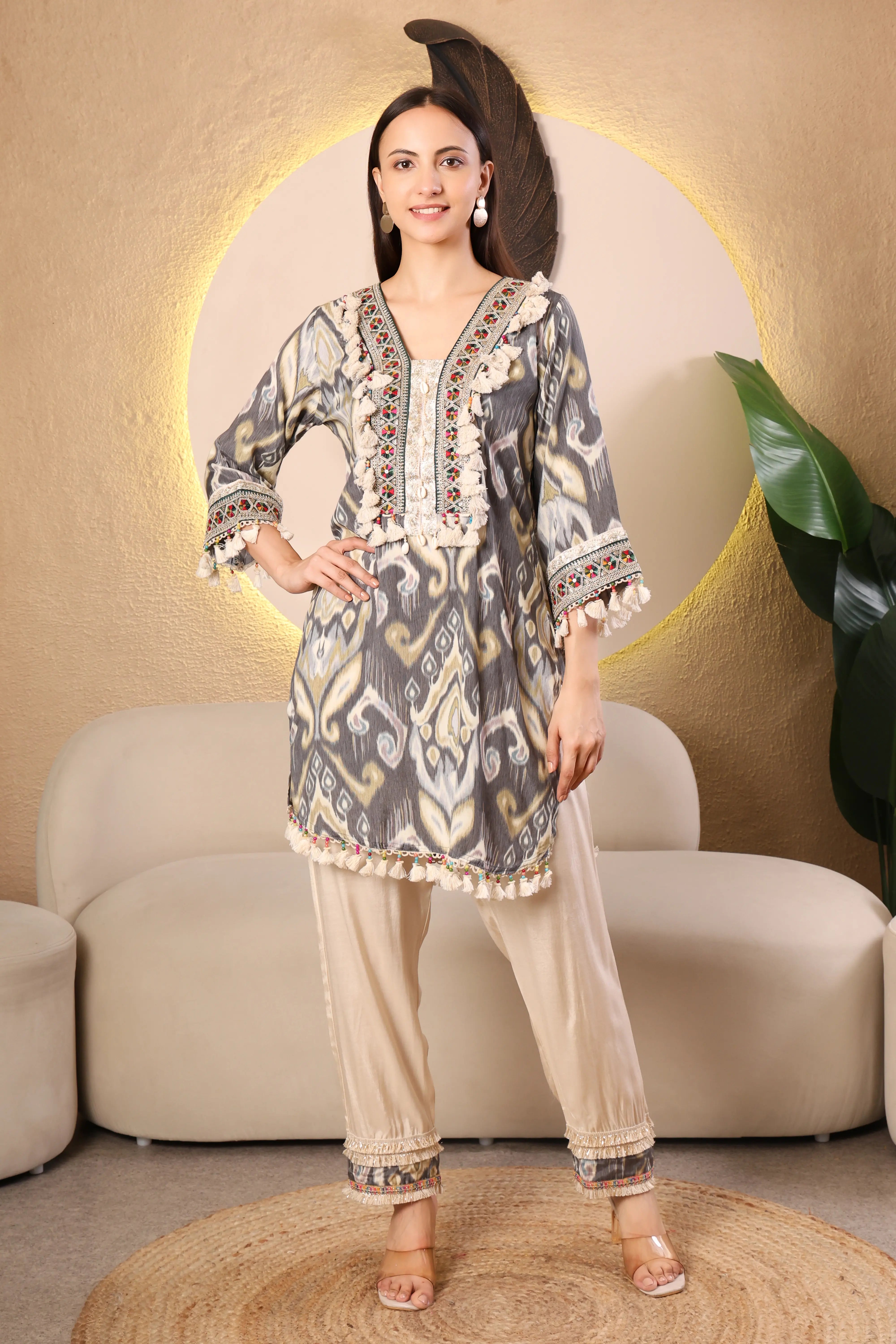 Grey printed kurta co-ord set for women with embroidered neckline and tassel detailing